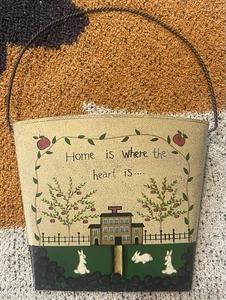 Country Decor Tin Bucket Rabbits “Home Is Where The Heart Is” Wall Hanging - Picture 1 of 12