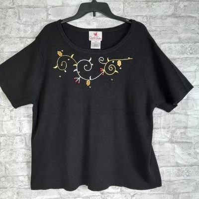 Quacker Factory Embroidered Holiday Sweater 2X Black Short Sleeve Beaded NEW - Image 1 of 4