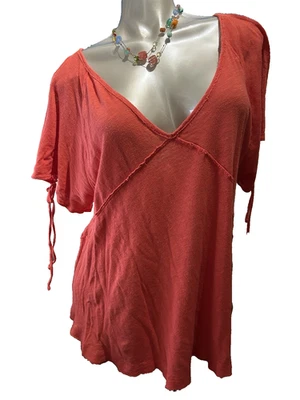 Top para mujer Free People coral naranja manga corta informal mezcla de lino grande 12 14 Foto 1 de 4