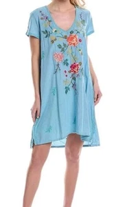 Johnny Was Adele Drape Tunika Kleid kariert Blumen bestickt Blumen blau Large - Bild 1 von 9