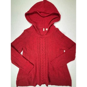 Anthropologie Moth Red Wool Bld Hooded Cable Knit Sweater Womens Large Pullover - Picture 1 of 8