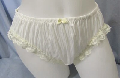Handmade Nylon Tricot Bikini Panty with Bow and Lace Trim 30-38in Ivory - Image 1 of 4