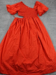 Free People Dress Women Large Red Kalina Midi Smocked Banded Puff Sleeve NEW - Picture 1 of 16