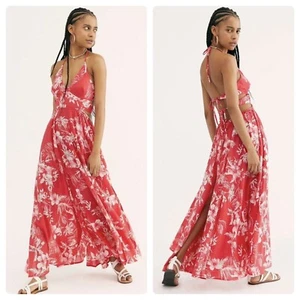Free People Size L Lille Printed Maxi Halter Dress Raspberry Red - Picture 1 of 7