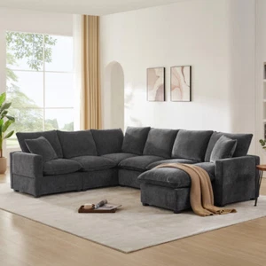 Living Room 7-seat U-shaped Modular Sofa with Comfy Chenille Fabric and Ottoman - Picture 1 of 23