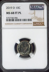 Moneda de diez centavos D Roosevelt 2019 NGC MS68 FT PL MAC calidad - Imagen 1 de 2