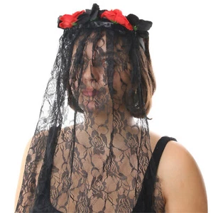 ROSE VEIL HEADBAND FLOWER ADULTS HALLOWEEN FANCY DRESS FLORAL LACE RED BLACK - Picture 1 of 6