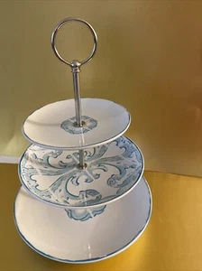 Southern Living Garden Gate Water Color White & Blue Stoneware 3 Tier CAKE STAND - Picture 1 of 10