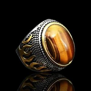 Mens Stainless Steel Ring Silver & Gold Natural Oval Tiger Eye Stone Size 6-13