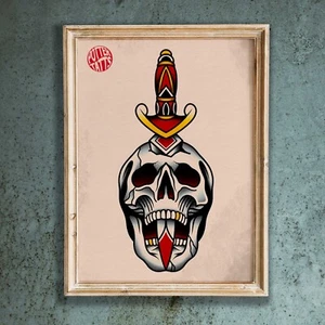 Old School Skull & Dagger - Traditional Flash Tattoo Art Print - Picture 1 of 3