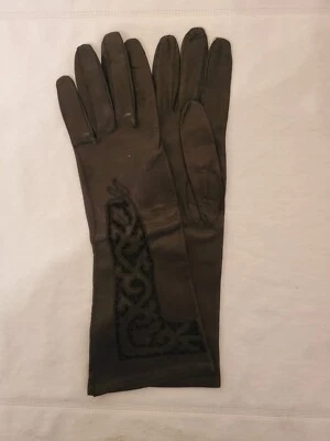 Vintage Women's Leather & Floral Lace Inset Gloves, Black, Retro Evening Gloves  - Image 1 of 4