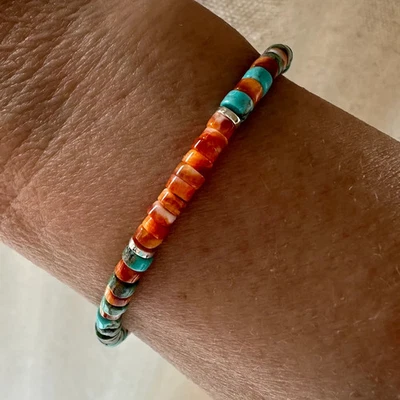 Pulsera Heishi Ostra Espinosa Azul Arizona Turquesa y Naranja, Piedras Preciosas 4mm Foto 1 de 4