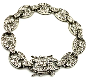 Pave Crystal Rhinestone Silver Tone Mariner Link 8" Bracelet w/2 Security Clasps - Picture 1 of 14