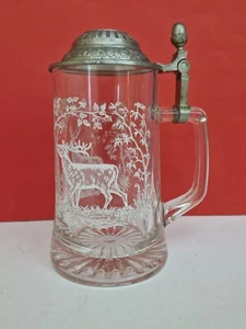 TRADITIONAL GERMAN PEWTER LIDDED STAG ETCHED glass beer stein - Picture 1 of 8