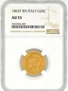 1863 T BN Italy Gold 20 Lire NGC AU 55  KM# 10.1 - Picture 1 of 2