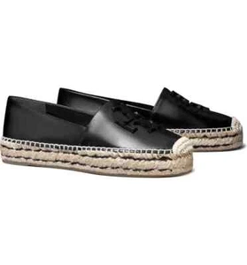 NIB Tory Burch Ines Platform Espadrille Leather Flats BLACK US 7.5 AUTHENTIC - Picture 1 of 10