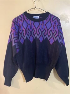 VINTAGE Meister Sweater Mens Sz Small S Purple Black Ski Geometric Wool Acrylic - Picture 1 of 11