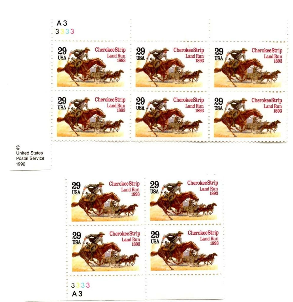 BLOCK OF (10) 29 CENT U.S. POSTAGE STAMPS 1992 CHEROKEE STRIP LAND RUN VINTAGE - Image 1 of 1