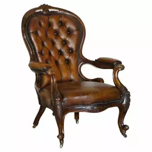 FINE ANTIQUE SHOW FRAMED VICTORIAN CHESTERFIELD BROWN LEATHER LIBRARY ARMCHAIR - Picture 1 of 12