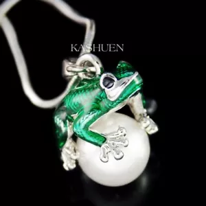 3D Mit Swarovski Perle Smaragd Grün Frosch Good Luck Glück Tier Halskette - Bild 1 von 5
