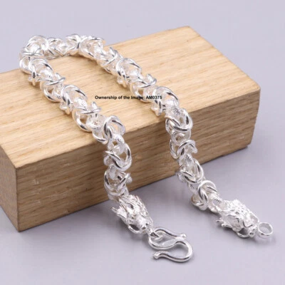 Real 999 Fine Silver Bracelet Men 6.5mm Dragon Byzantine Link Bracelet 8.26inch - Image 1 of 4