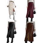 Elegant Solid Color PU Faux Leather Split Long Skirt Women Office Straight Skirt