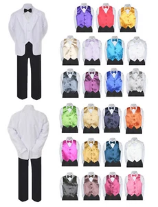 7pc Boy Teens Formal Black Pants & Bowtie White Suit Pick Bowtie & Vest 4T-20 - Picture 1 of 25
