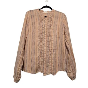 CP Shades Pintuck Striped 100% Linen Shirt Womens SM Tan Button Down Long Sleeve - Picture 1 of 12