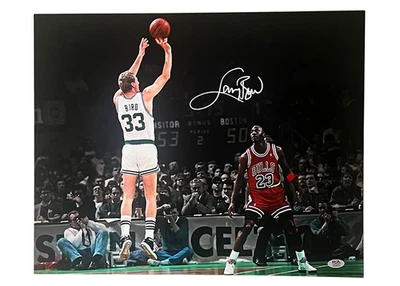 Larry Bird Autographed Boston Celtics 16x20 Photo With Michael Jordan PSA - Image 1 of 2