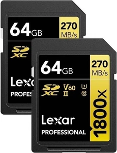 Lexar GOLD Series Professional 1800x 64GB UHS-II U3 SDXC Memory Card, 2-Pack - Picture 1 of 5
