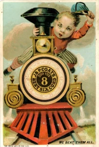 1881 Victorian Trade Card J&P Coats 6-Cord Spool Cotton Boy On Train Locomotive - Picture 1 of 2