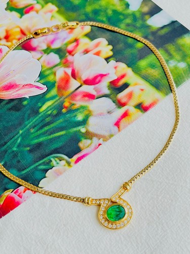 Collana Christian Dior Vintage Gripoix Verde Smeraldo Ciondolo Ovale Cristallo Oro