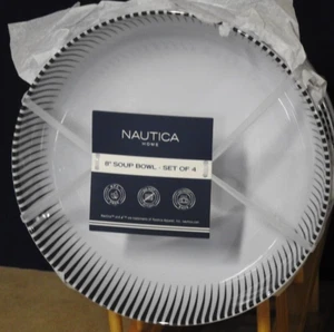4 Nautica Melamine Soup Bowls Black & White Stripe 8" NEW - Picture 1 of 4