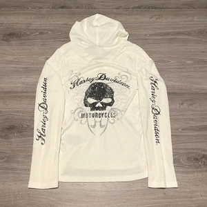 Women's Vintage 2000s Y2K Harley Davidson Biker Skull Hooded Shirt Size Large - Picture 1 of 9