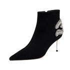 Womens New Fashion Suede Pointy Toe Diamante Stiletto Heel Ankle Boots Shoes KIK