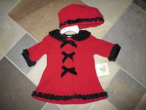 NWT, Girls, 3M, 9M, STARTING OUT Red Fleece Coat & Hat w/ Black Velvet Trim!! - Picture 1 of 1