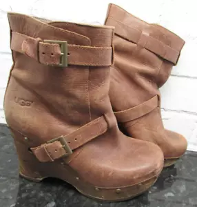 UGG Taryn Brown Caviar Leather Womens Uk 6.5 EU 39 Wedge Mid Calf Buckle Boots - Picture 1 of 12