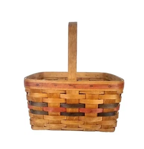 Longaberger Large Handwoven Brown Basket Signed 1988 Red Green Trim With Handle - Picture 1 of 11