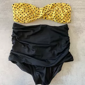 Retro Inspired Size Large Black Yellow Polka Dot Higg Waisted Bikini Swimsuit - Picture 1 of 4