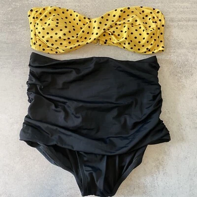 Traje de baño bikini de cintura alta a lunares negro amarillo inspirado en retro talla grande Foto 1 de 4