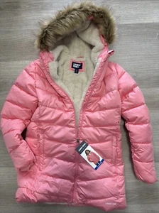 Lands End Youth Puffer Parker Girl Quilted L 14/16 Pink Faux Fur Lined Coat NWT - Picture 1 of 16