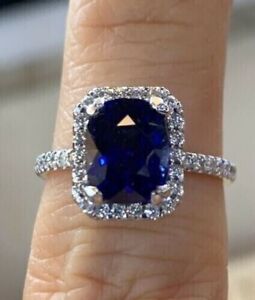 3 Ct Cushion Cut Blue Sapphire Halo Engagement Ring 14K White Gold Finish