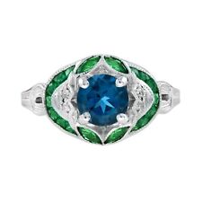 London Blue Topaz and Diamond Emerald Art Deco Style Ring in 18K White Gold