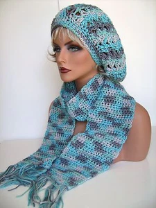 SILVER GRAY BLUE RASTA HAT AND SCARF SET BERET CLOCHE BAGGY SLOUCHY TAM CROCHET - Picture 1 of 12