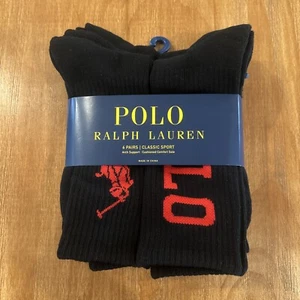 Polo Ralph Lauren 6 Pack Classic Sport Crew Socks - Size 10-13 Black Red Pony - Picture 1 of 4