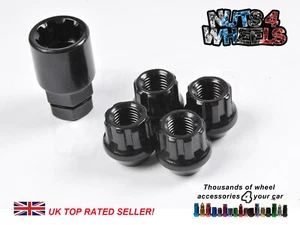 4 x Black Locking Wheel Nuts M12x1.25 60° Open Ended Nuts Aftermarket Alloys - Picture 1 of 2