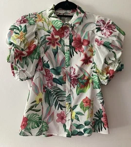 Stradivarius Bold Tropical Print Puff Sleeve Blouse Size Small - Picture 1 of 7