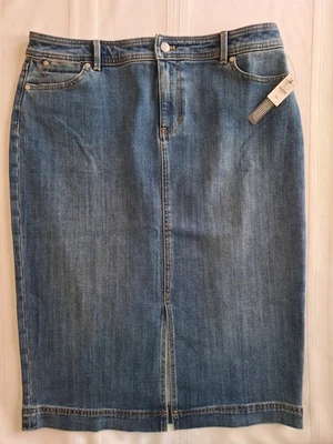 NUEVO Talbots Denim Midi Falda 16P Azul Jean Abertura Frontal Boho Clásico Lavado Med Foto 1 de 4
