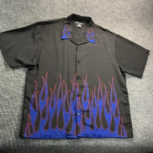 Camicia No Boundaries uomo XL nera blu fiamma bottoni campeggio bowling anni 90 Y2K - Foto 1 di 14