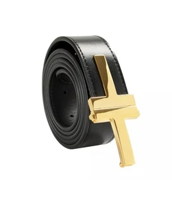 $995 Tom Ford Black Leather Gold Metal T-Buckle Decorated Belt Size 36”/90cm - Picture 1 of 10